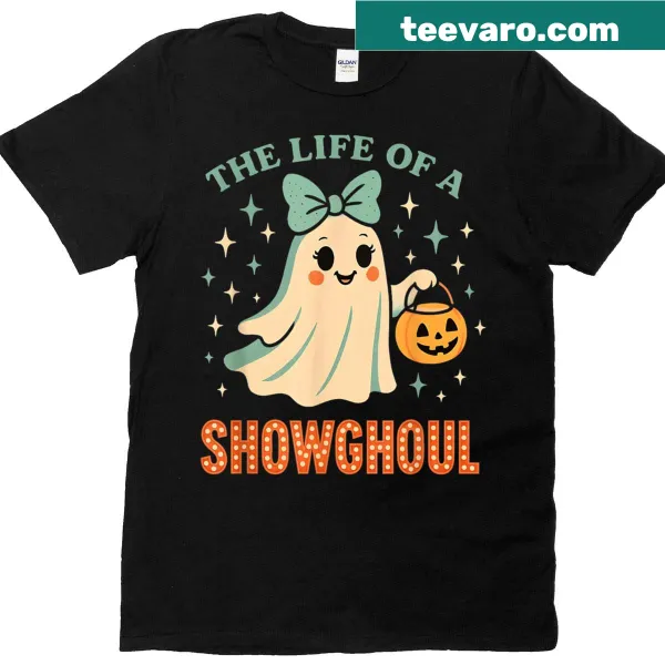 Retro Halloween t-shirt featuring a ghost showgirl design