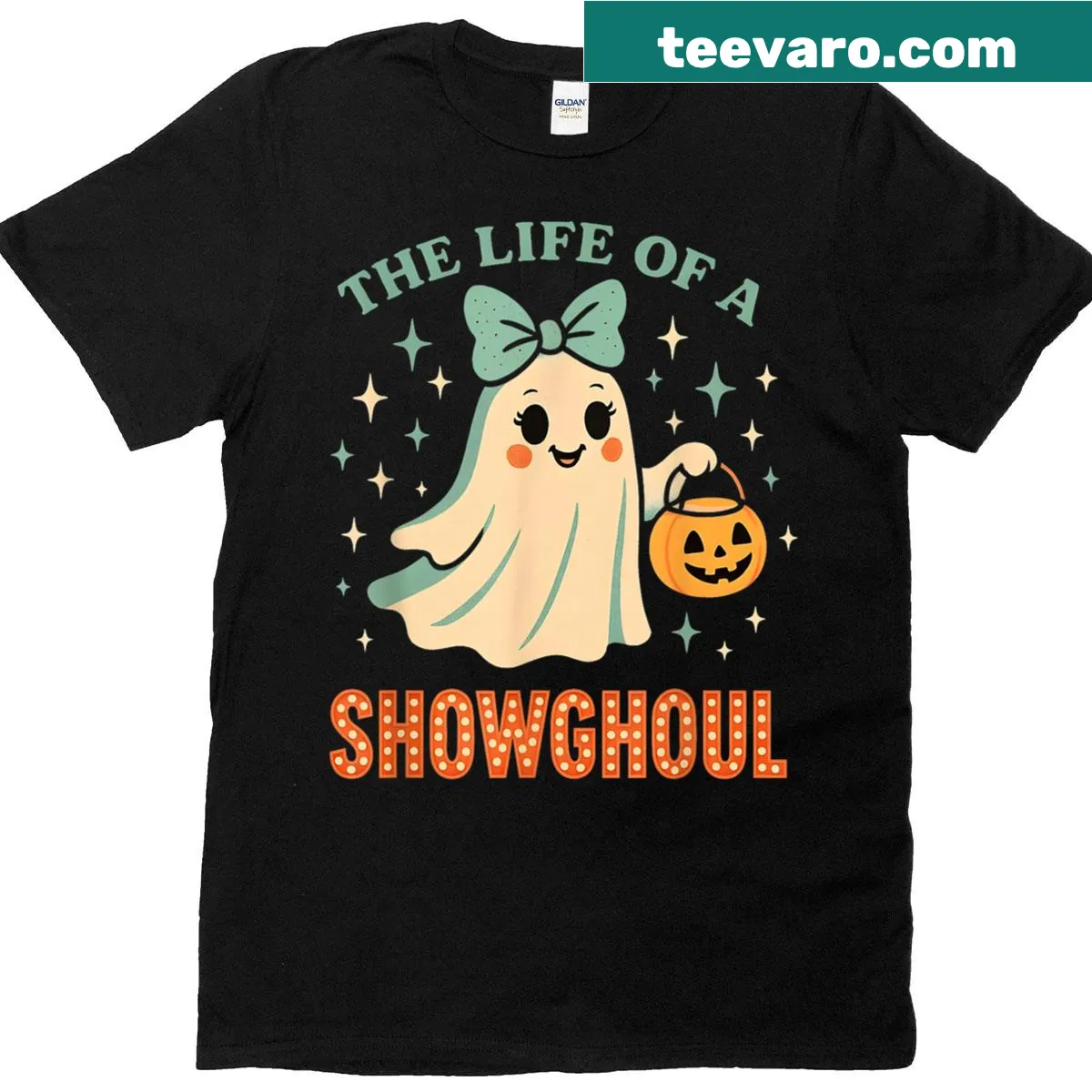 Retro Halloween t-shirt featuring a ghost showgirl design — on a men's t-shirt