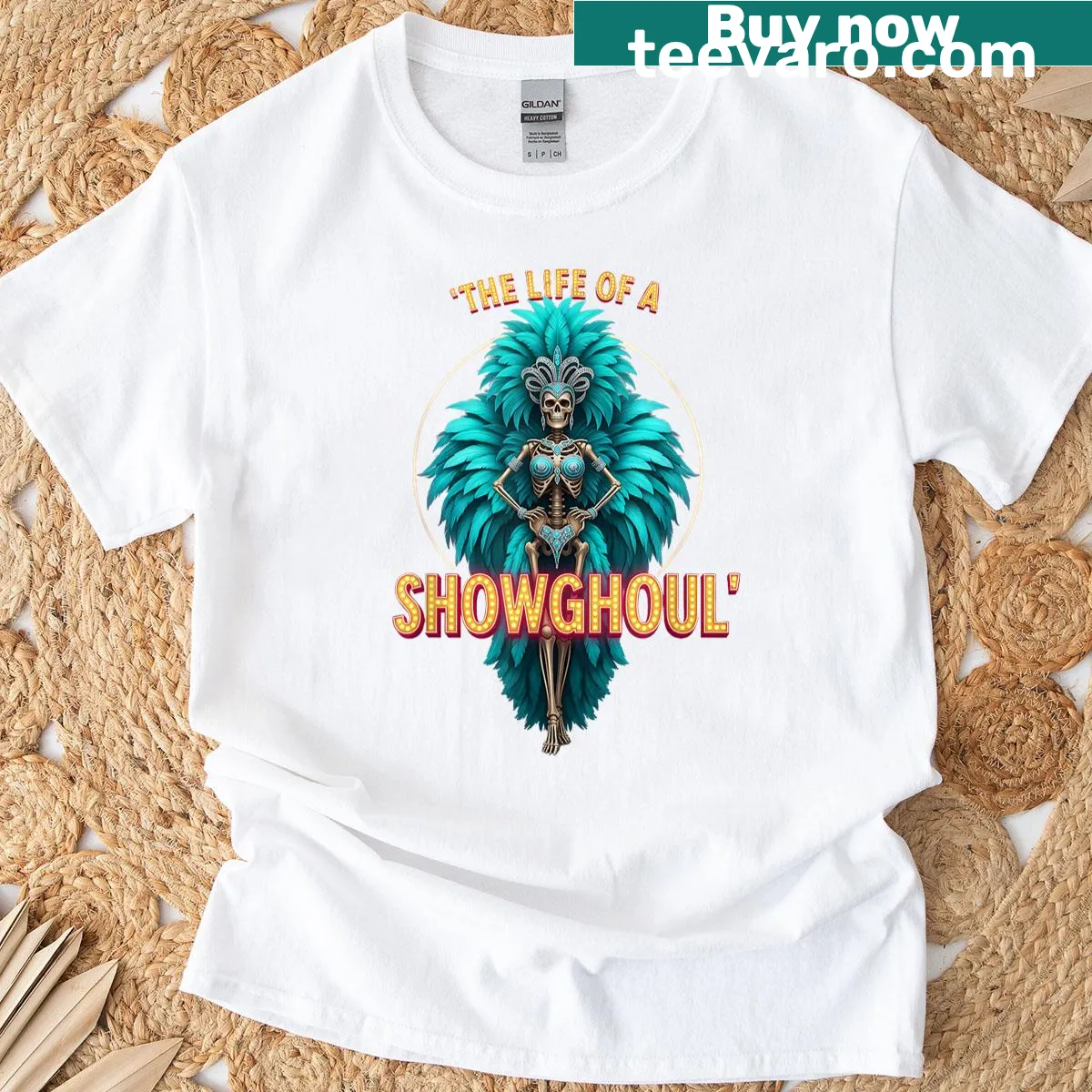 Cartoon skeleton dancer graphic on a Halloween-themed women's T-shirt. — on a men's t-shirt