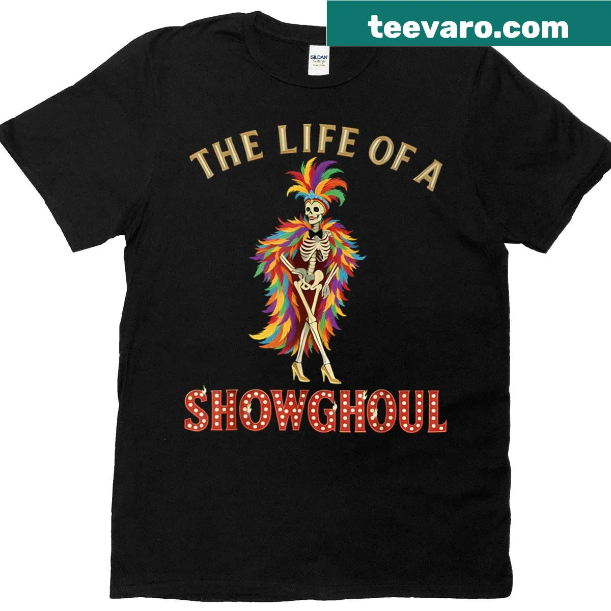Retro Halloween T-shirt featuring skeleton girl in showgirl style — on a men's t-shirt