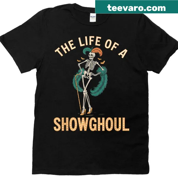 Vintage skeleton showgirl graphic on a Halloween T-shirt