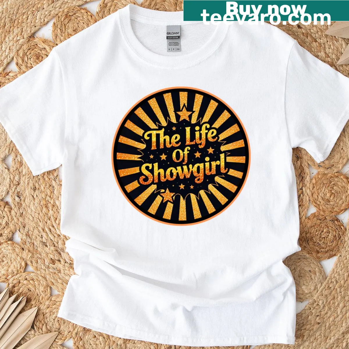 Oversized t-shirt with cartoon starburst and showgirl design — on a men's t-shirt