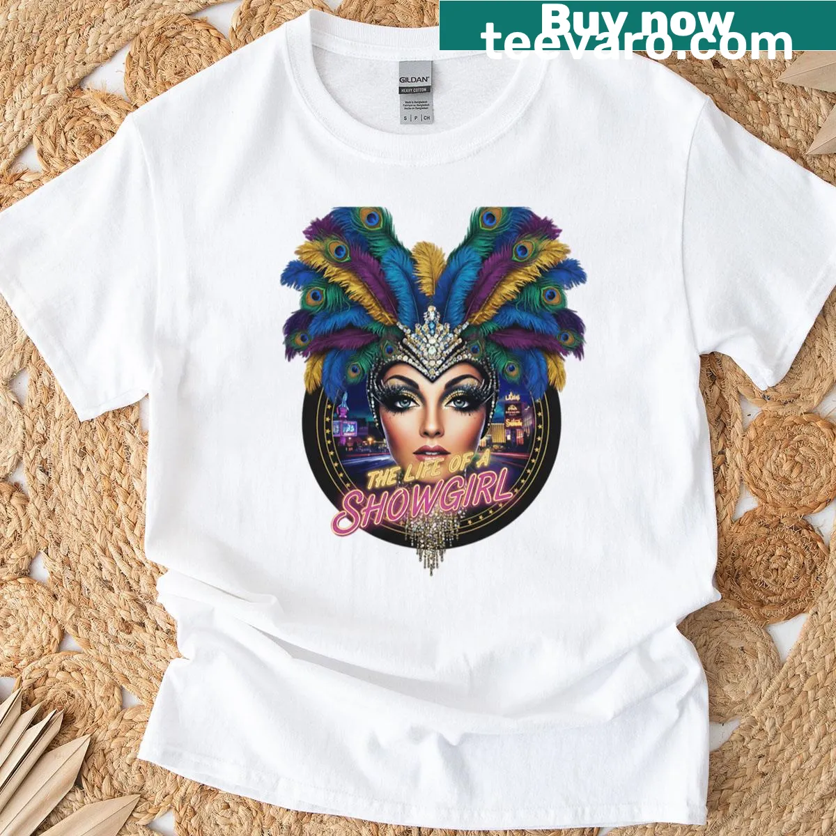 Vintage oversized T-shirt featuring a glamorous showgirl design. — on a men's t-shirt