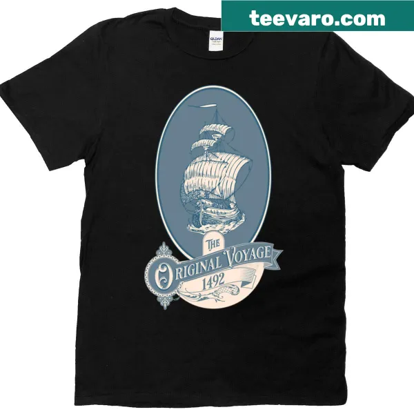 Vintage ship graphic representing the 1492 voyage on a T-shirt