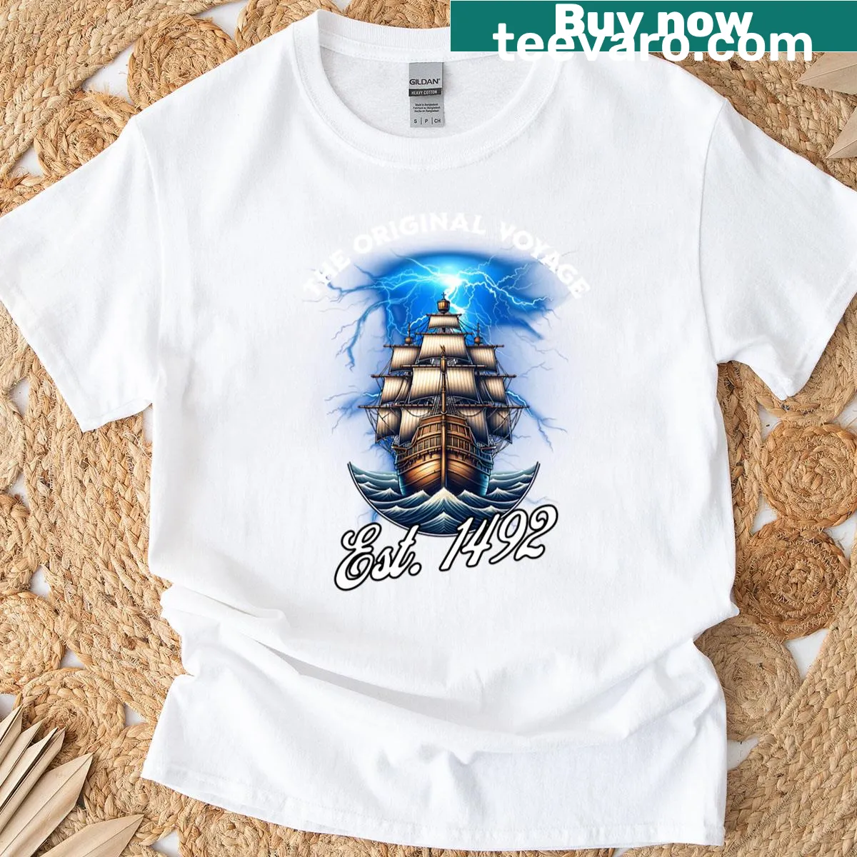 Nautical sailing ship graphic on an oversized t-shirt — on a men's t-shirt