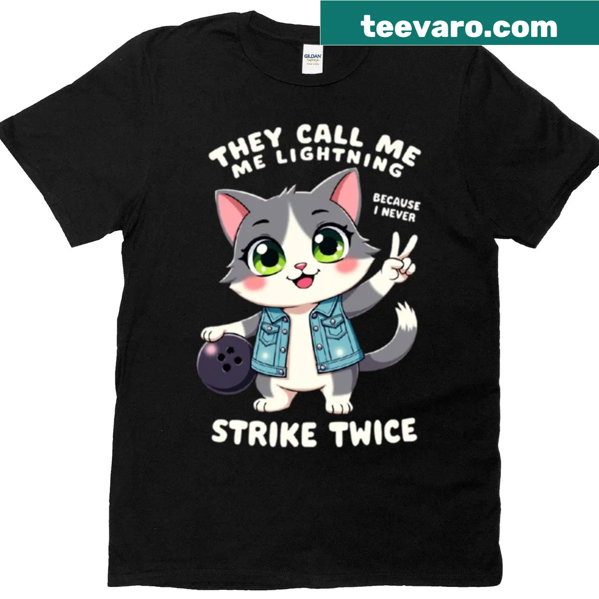 Funny tee with the phrase 'They Call Me Lightning Because I Never Strike Twice' — on a men's t-shirt
