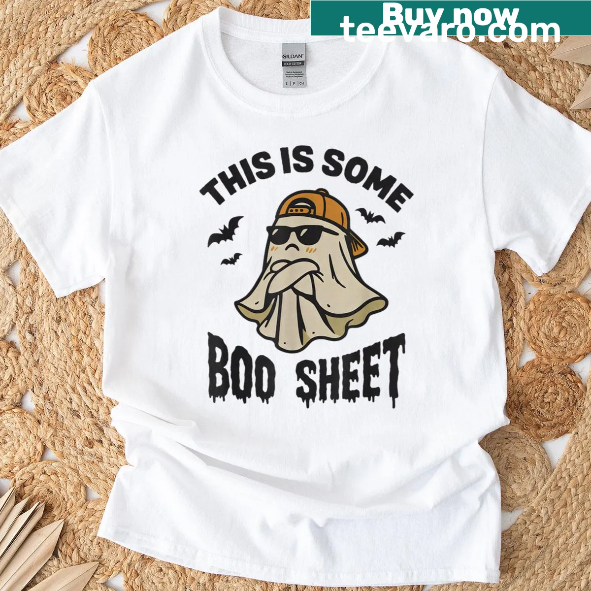 Funny ghost-themed Halloween T-shirt with vintage style — on a men's t-shirt