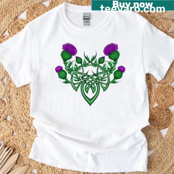 Abstract knotwork T-shirt featuring thistle design