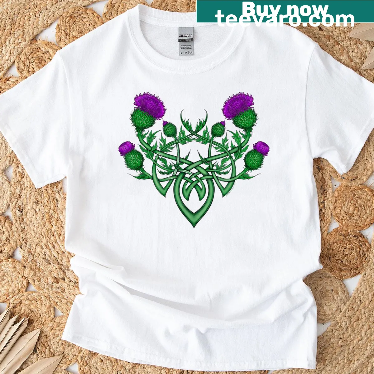 Abstract knotwork T-shirt featuring thistle design — on a men's t-shirt