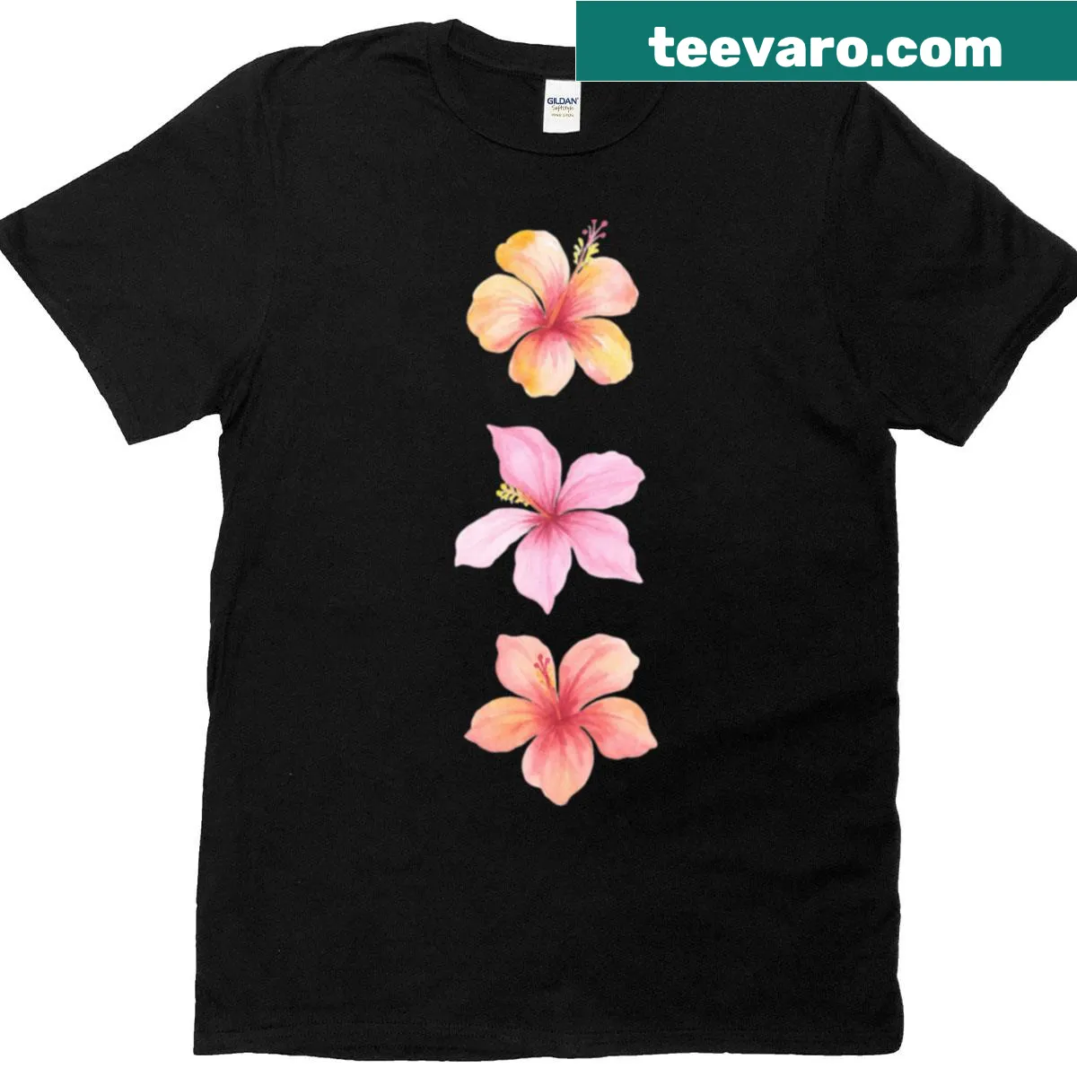 Tropical T-shirt with a trio of hibiscus flowers in a beachy floral design — on a men's t-shirt
