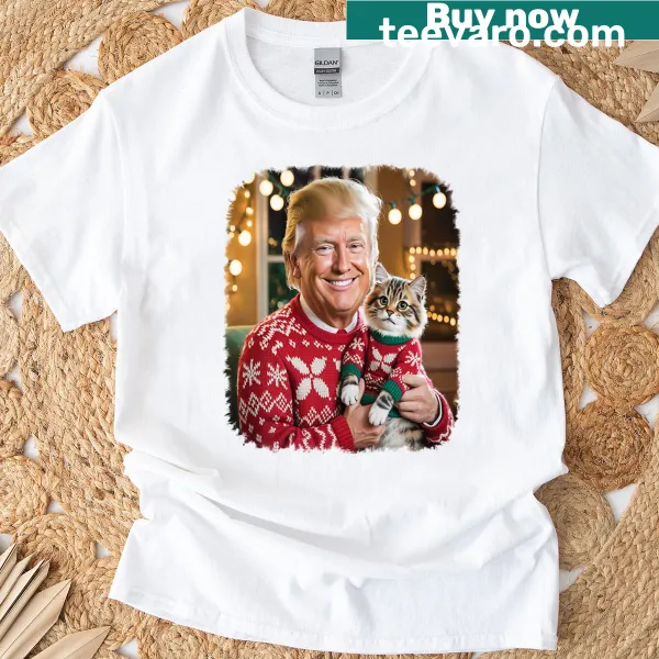 Christmas T-shirt with humorous cat and political illustration