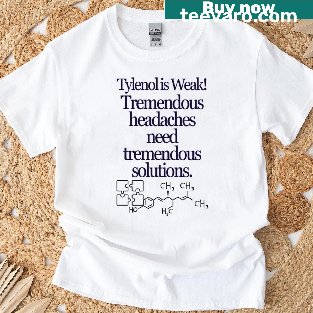 Funny Tylenol T-shirt with humorous headache phrase — on a men's t-shirt