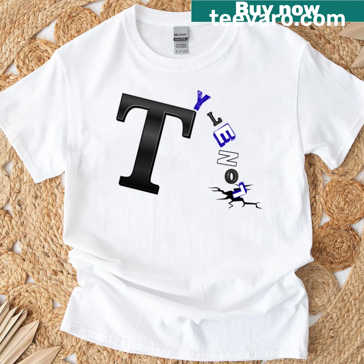 Tylenol Typography Collage T-shirt with abstract letter art — on a men's t-shirt