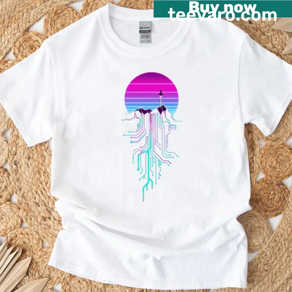 Vaporwave aesthetic T-shirt featuring a cyberpunk mountain sunset illustration.