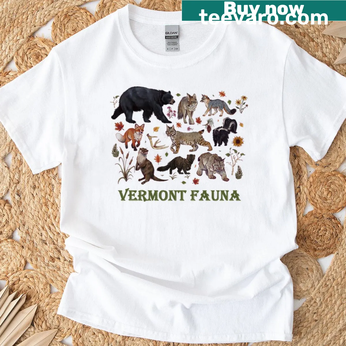 Oversized t-shirt featuring illustrations of Vermont wildlife — on a men's t-shirt