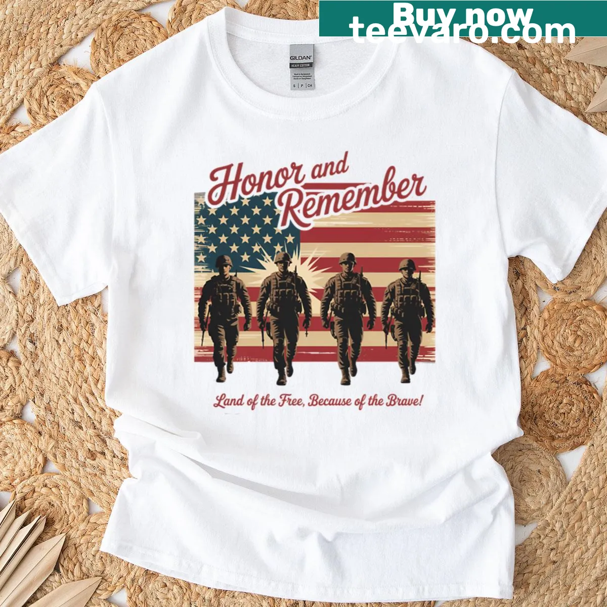 Vintage USA flag t-shirt with 'Remember' and 'Honor' text — on a men's t-shirt