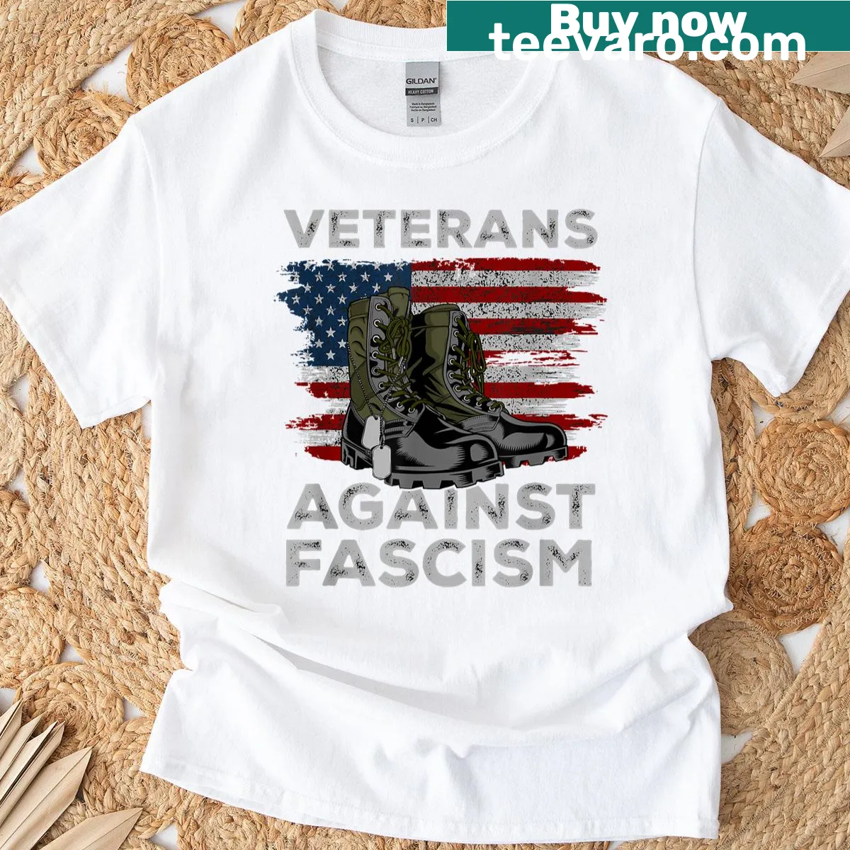 Vintage t-shirt with US flag and combat boots graphic — on a men's t-shirt