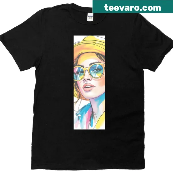 Bold pop art graphic of a woman in sunglasses on a T-shirt