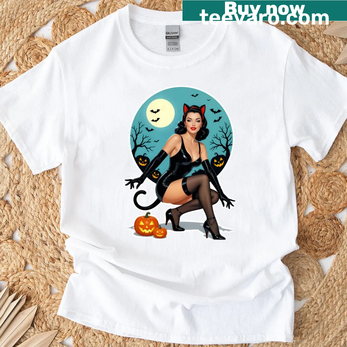 Vintage-style T-shirt with a black cat pin-up for Halloween — on a men's t-shirt