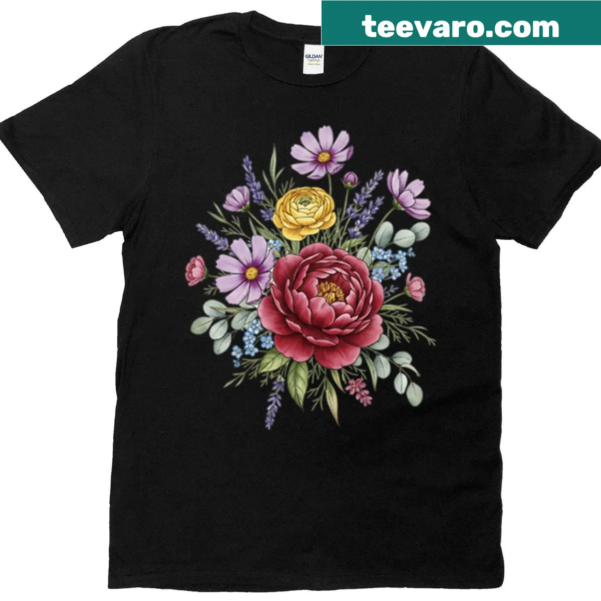 T-shirt featuring a vintage floral bouquet illustration — on a men's t-shirt