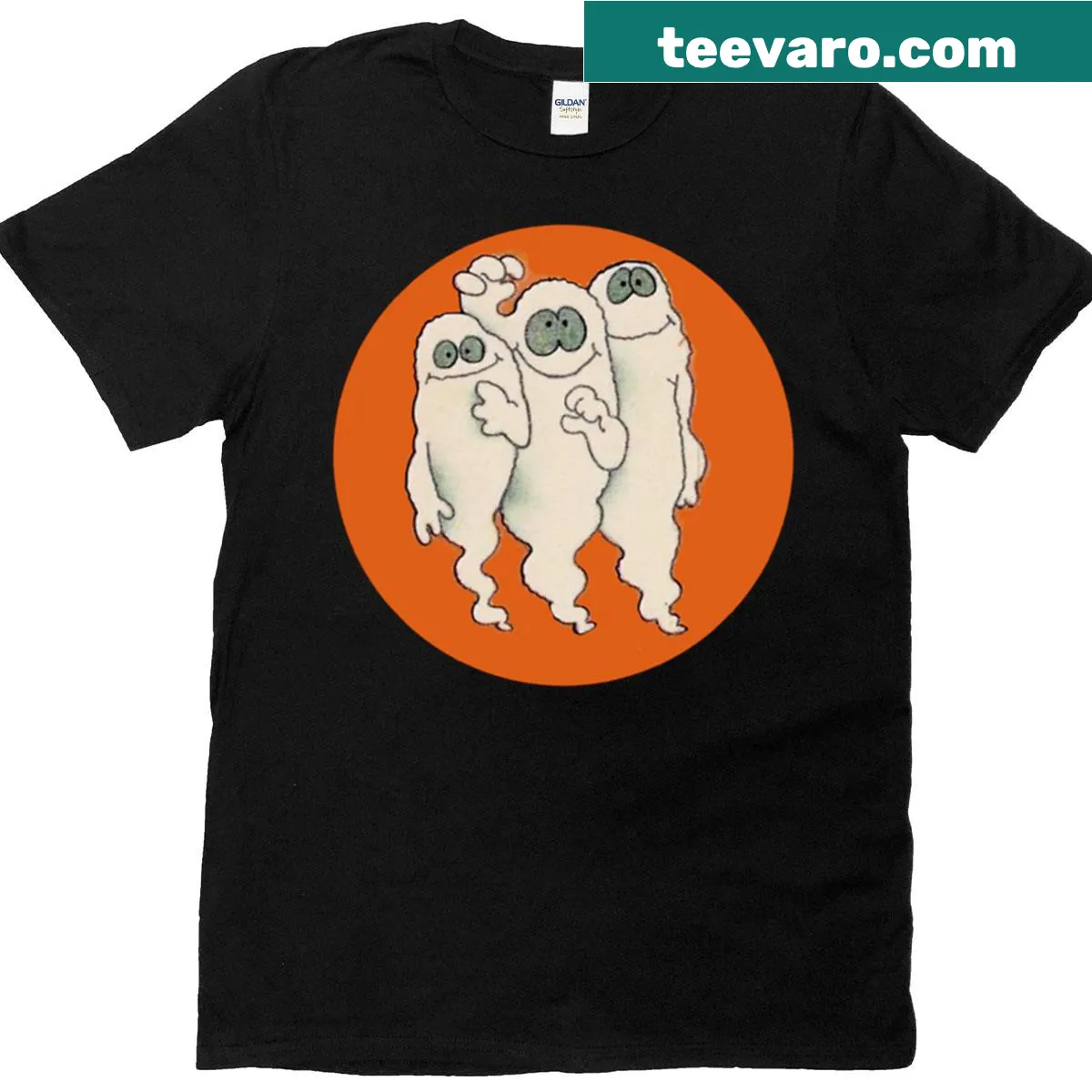Whimsical trio of ghosts illustrated on a vintage shirt — on a men's t-shirt
