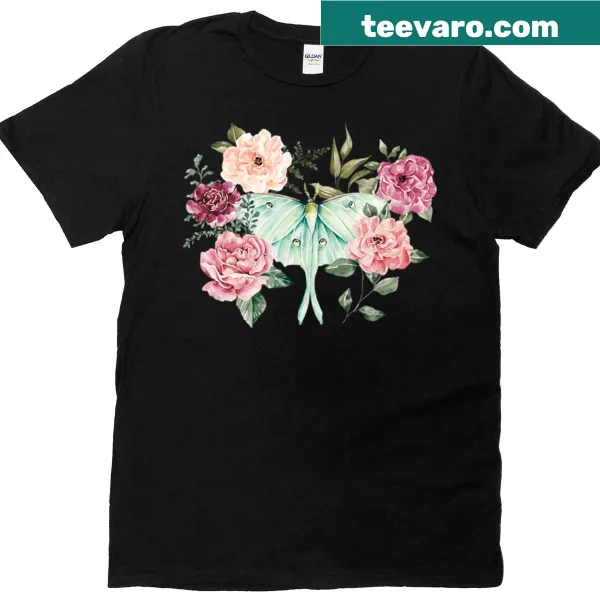 Vintage Luna moth and floral illustration graphic on t-shirt