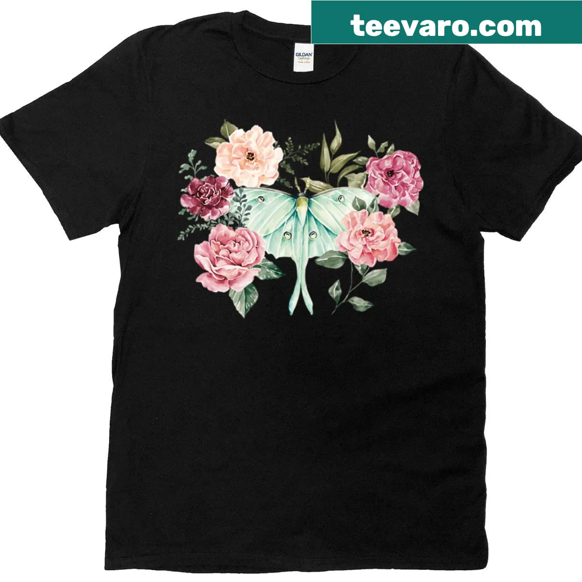 Vintage Luna moth and floral illustration graphic on t-shirt — on a men's t-shirt