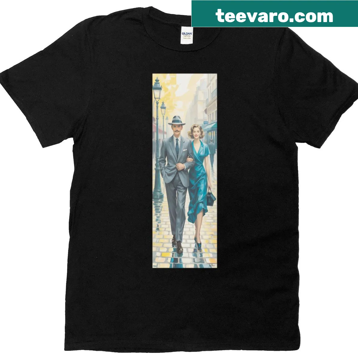 Vintage illustration of a romantic couple strolling in Paris graphic on t-shirt — on a men's t-shirt