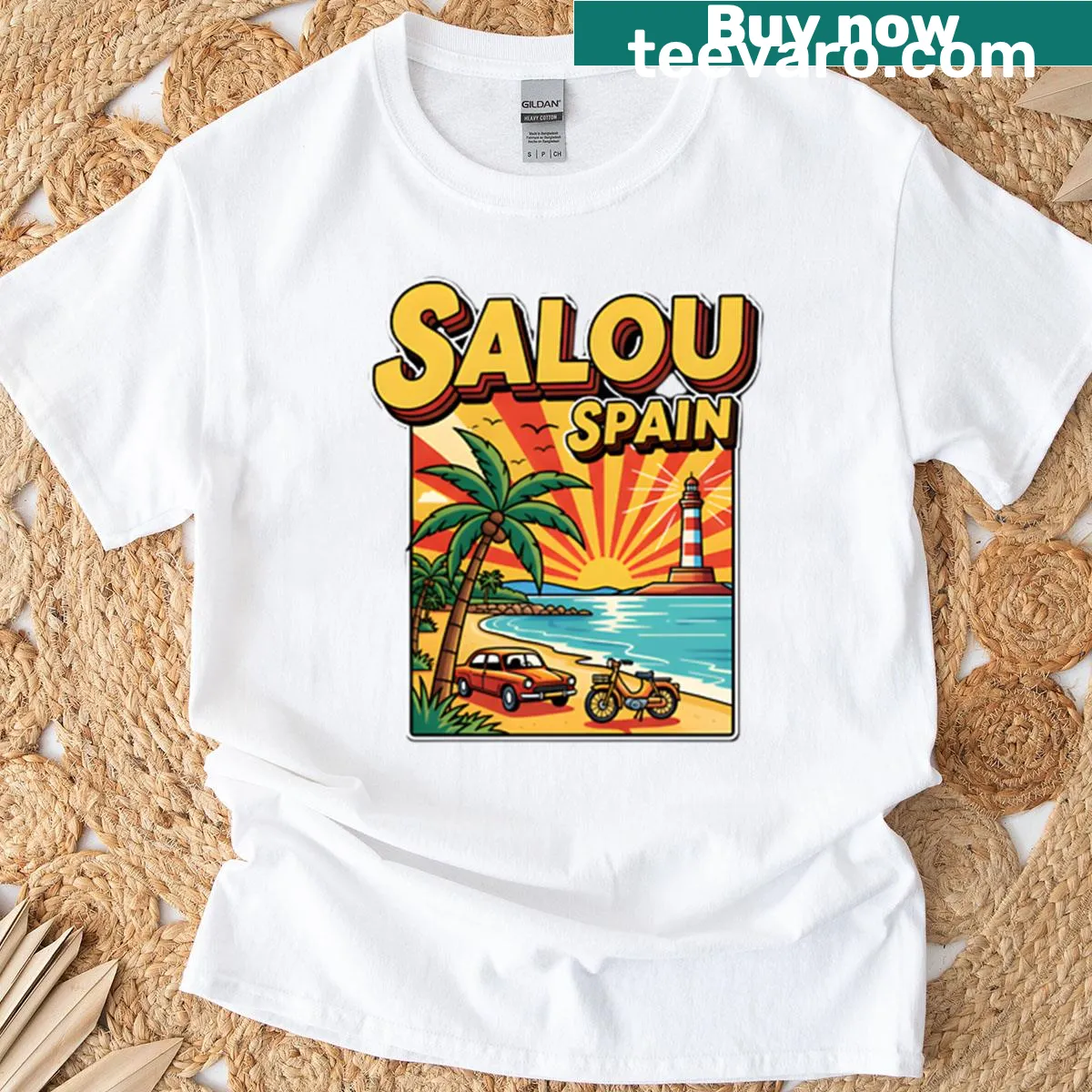 Retro beach scene vintage t-shirt depicting Salou Drive — on a men's t-shirt