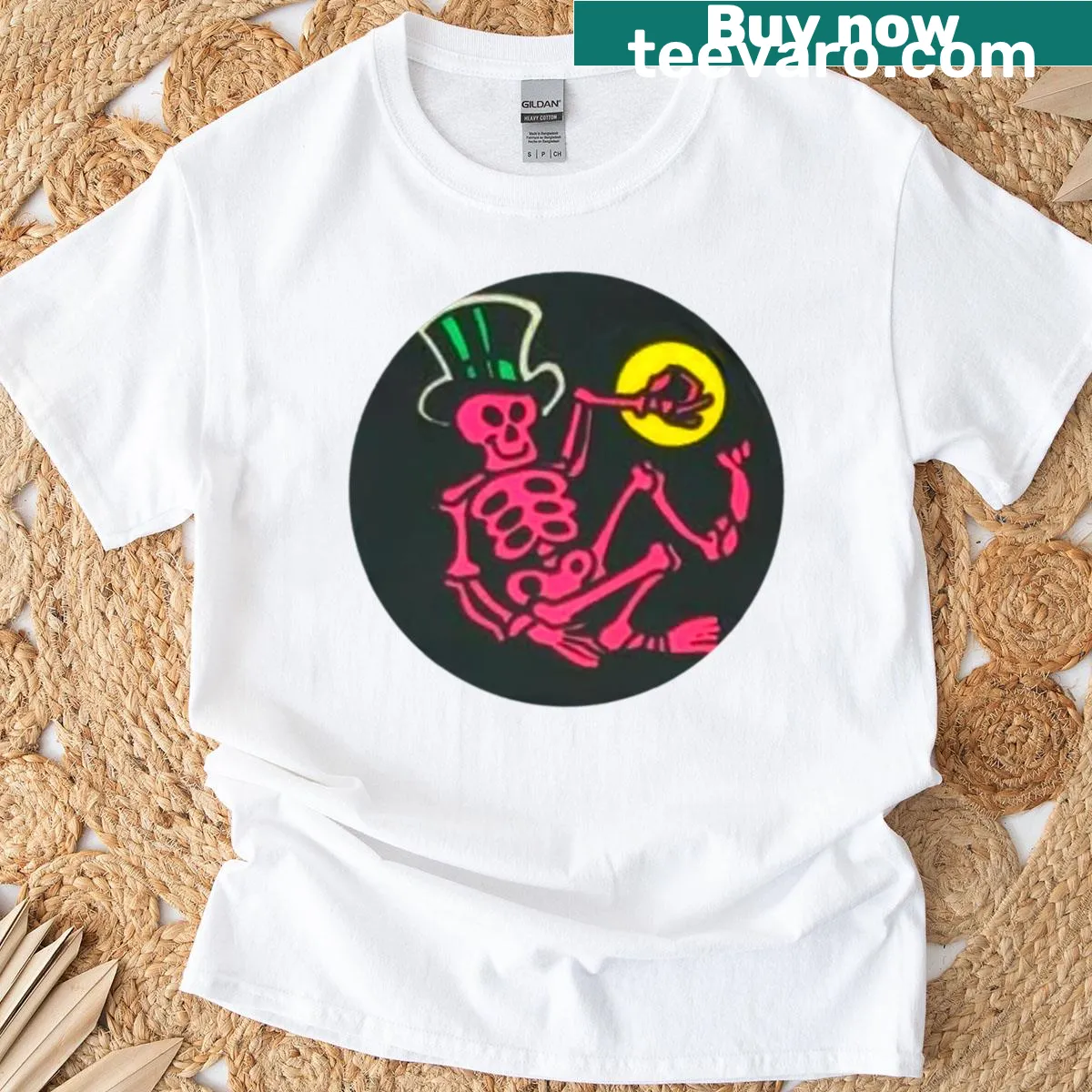 Vintage Skeleton Halloween T-shirt with whimsical skeleton art — on a men's t-shirt