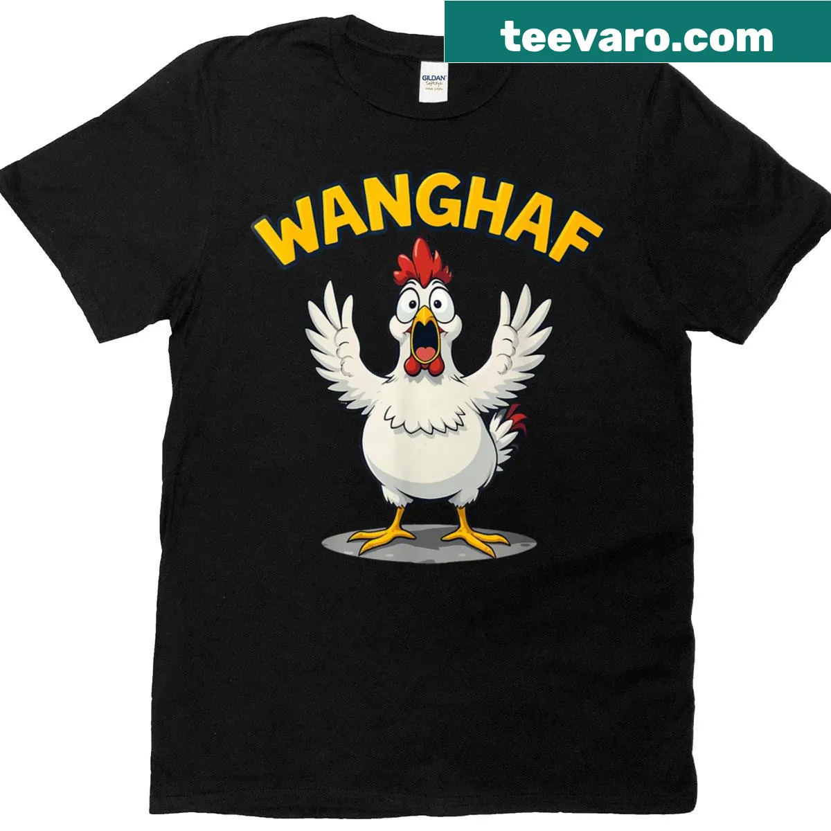 Funny T-shirt featuring a whimsical chicken design and meme-inspired text — on a men's t-shirt