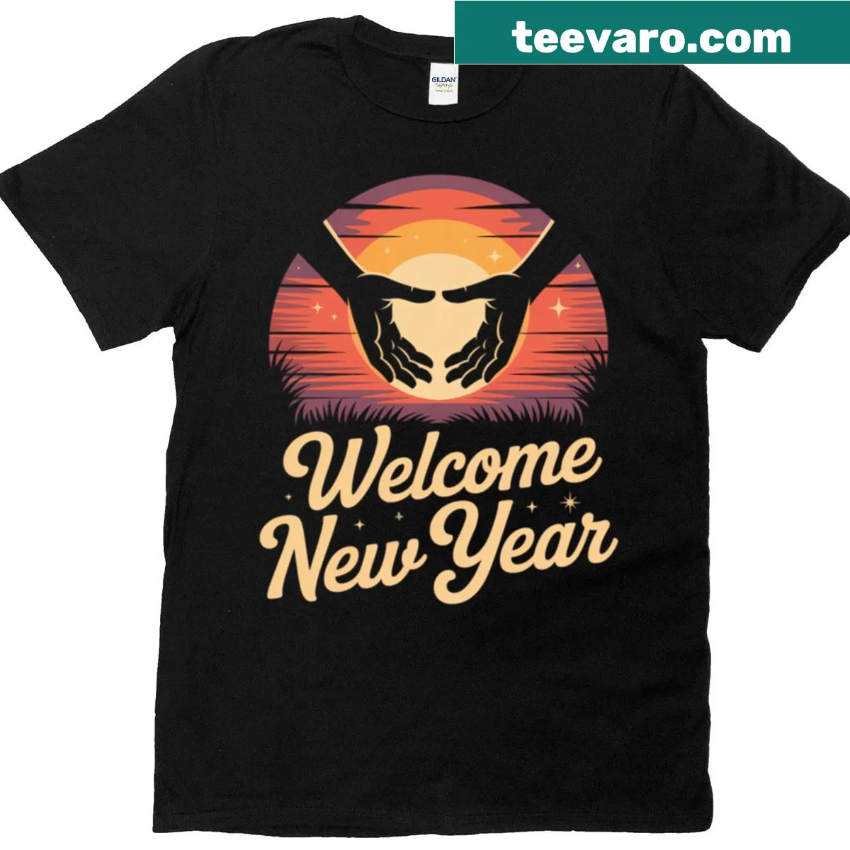 Retro sunset design for New Year celebration on a tee — on a men's t-shirt