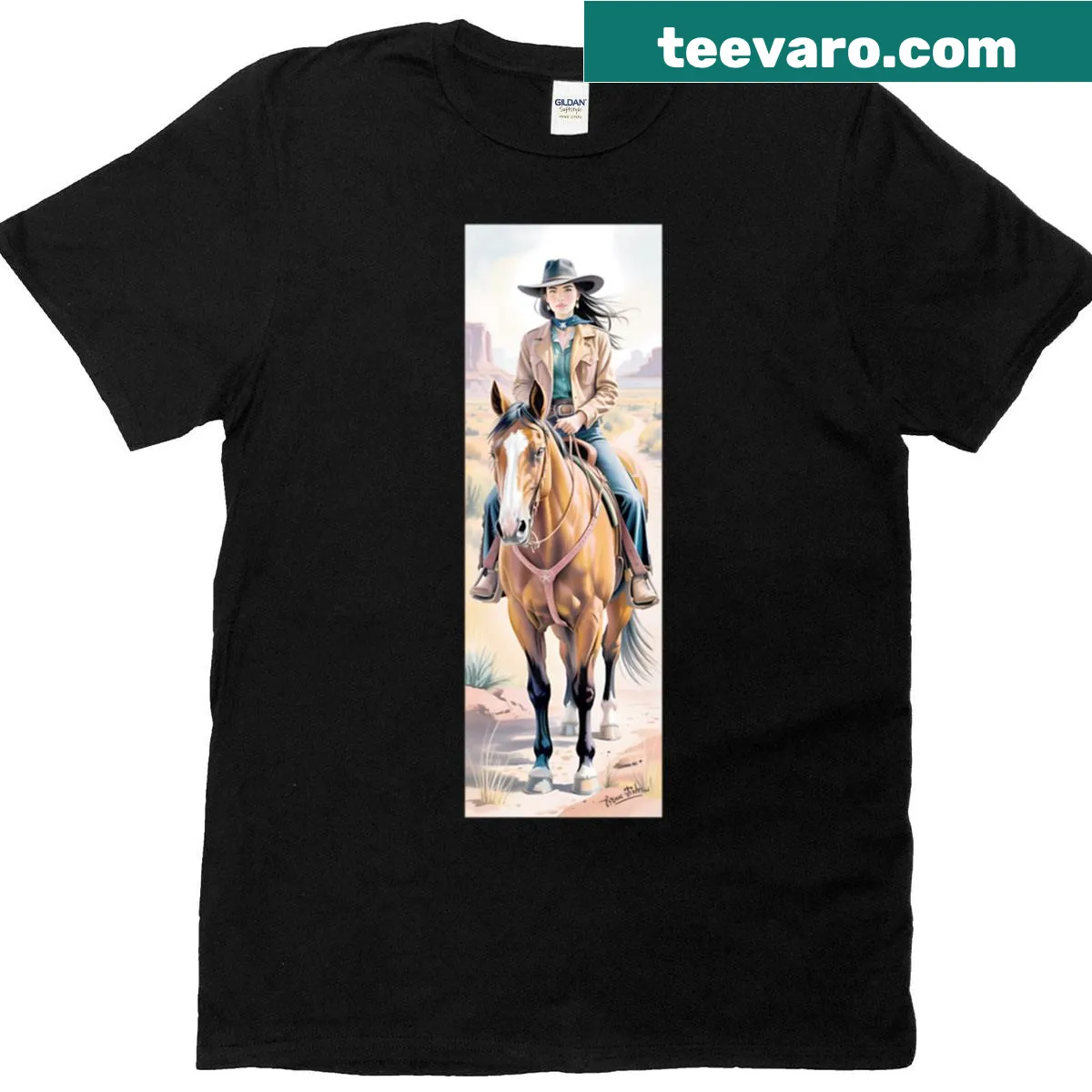 Limited edition t-shirt featuring a cowgirl on a horse in the desert. — on a men's t-shirt