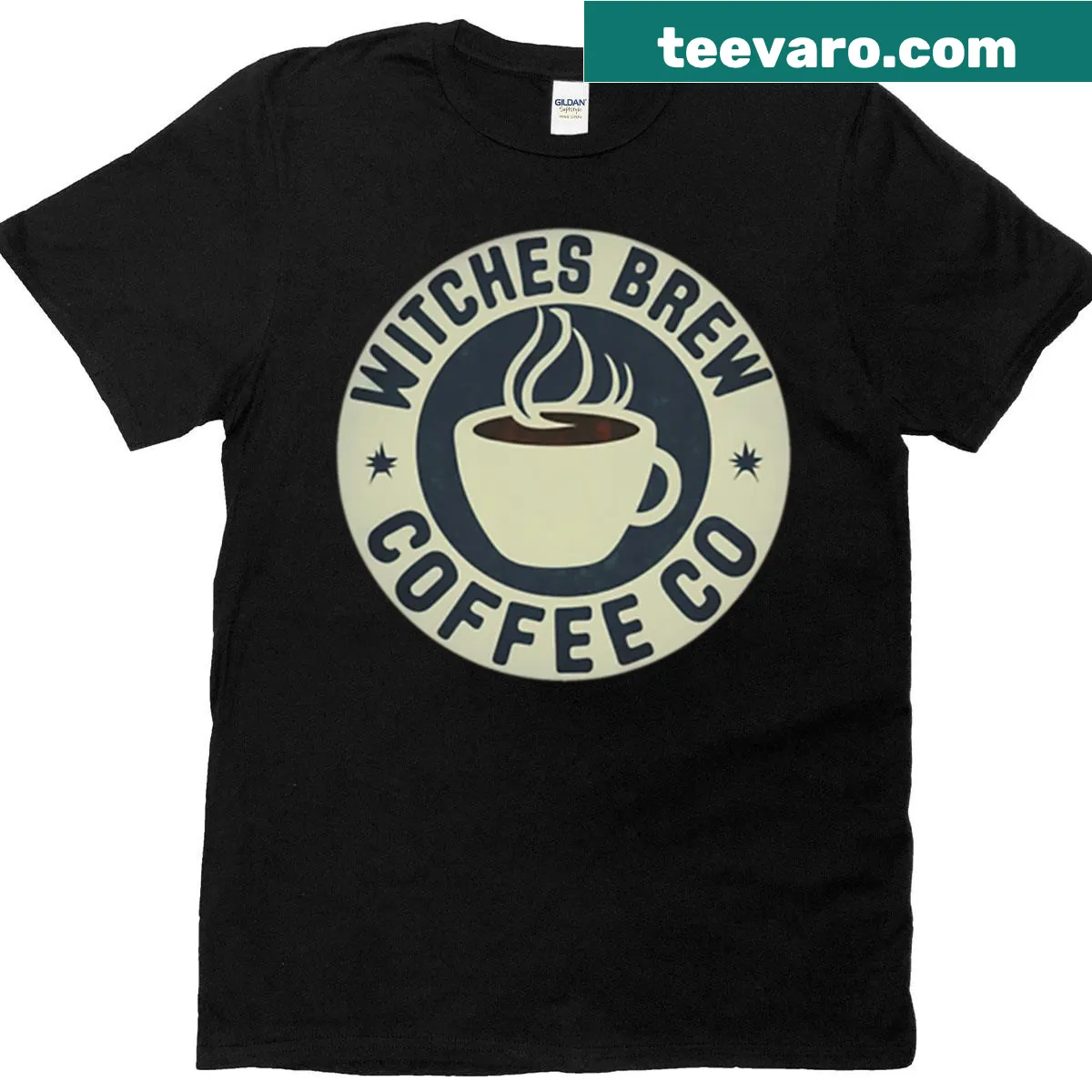 Modern sleek design 'Witches Brew Coffee Co' graphic on t-shirt — on a men's t-shirt