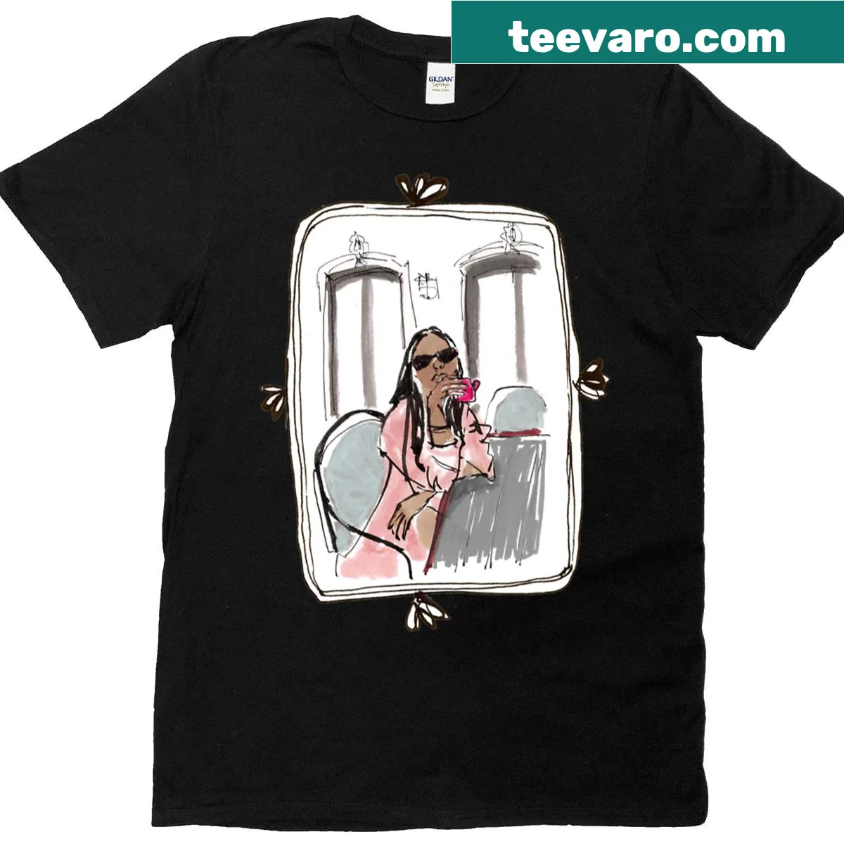 T-shirt with an illustration of a woman wearing sunglasses in a cafe. — on a men's t-shirt