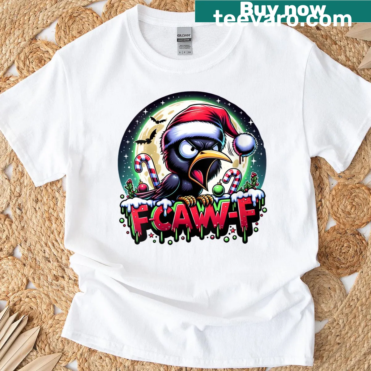 Funny holiday t-shirt with angry crow graphic and humorous text — on a men's t-shirt