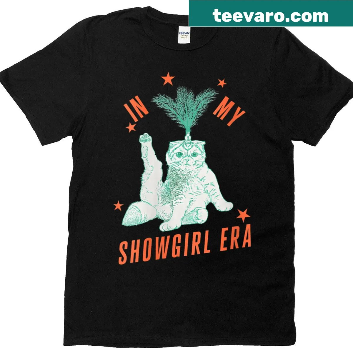 Retro humor T-shirt with a cat in a showgirl costume illustration — on a men's t-shirt