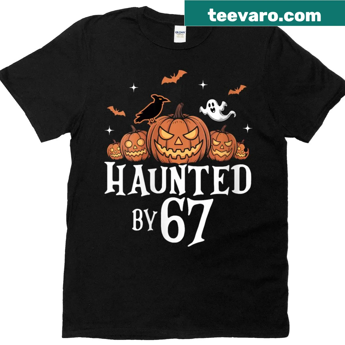 Vintage-style Halloween T-shirt with ghosts and pumpkin graphic — on a men's t-shirt