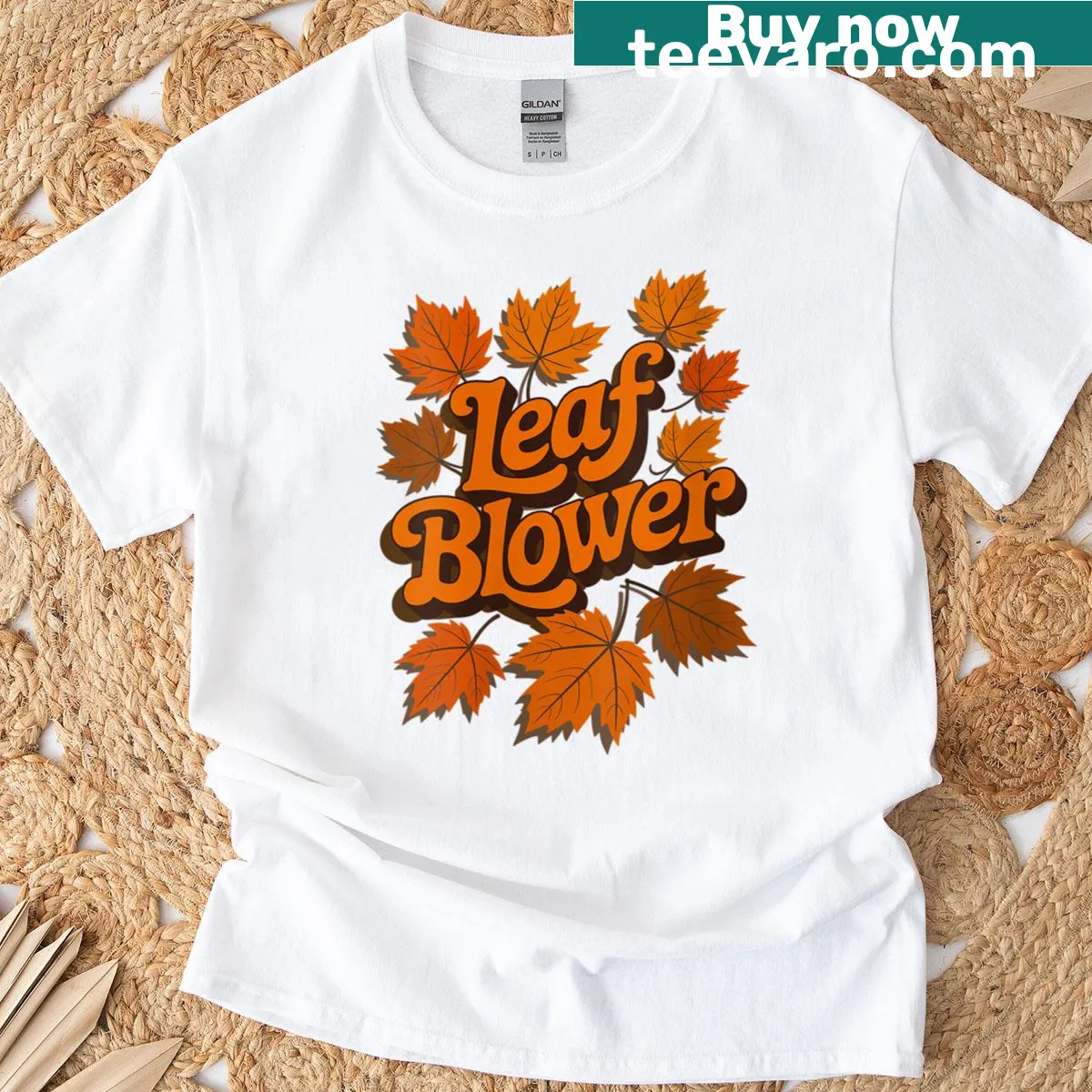 Funny autumn t-shirt featuring a humorous leaf blower design — on a men's t-shirt
