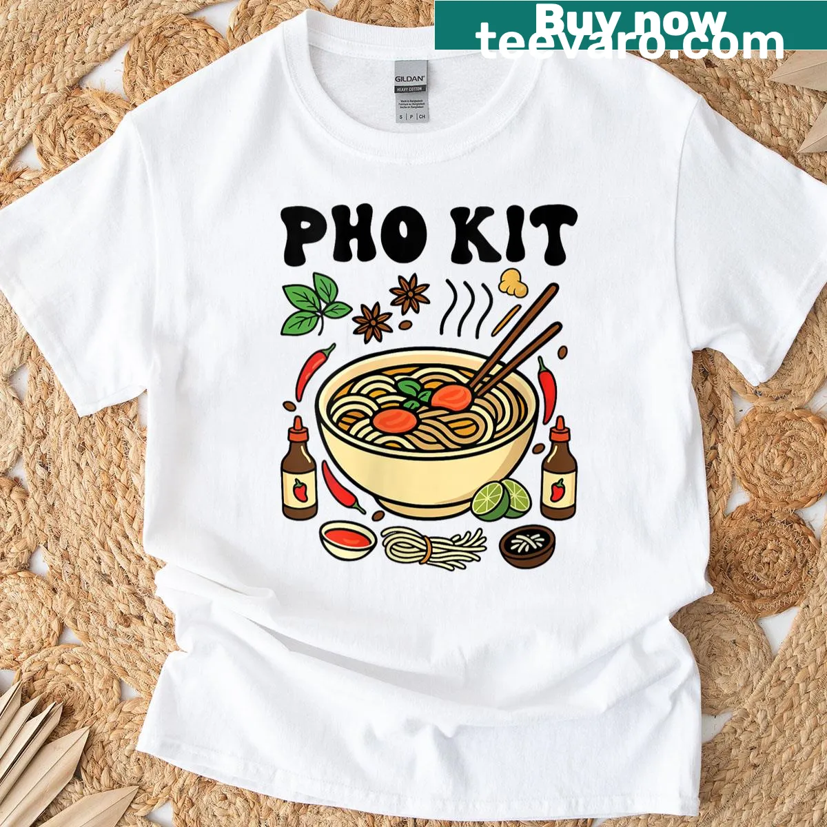 Cartoon graphic T-shirt featuring a pho kit and hot sauce — on a men's t-shirt