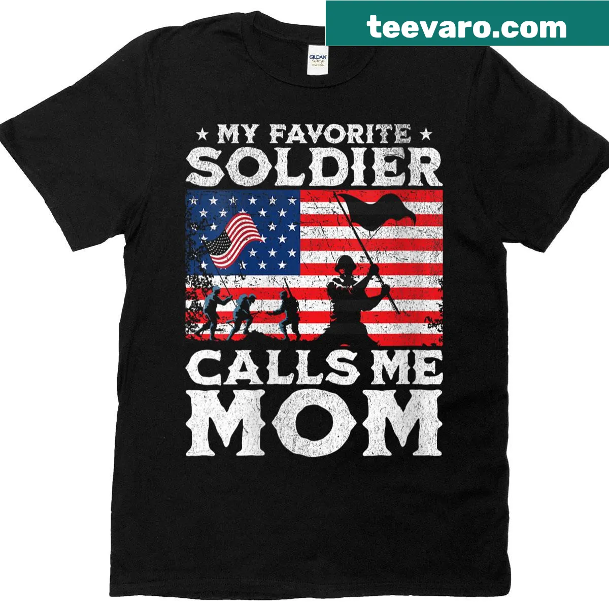 T-shirt with 'My Favorite Soldier Calls Me Mom' text — on a men's t-shirt