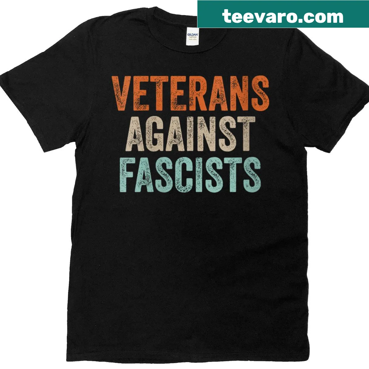 Retro patriotic veteran T-shirt with anti-fascist message — on a men's t-shirt