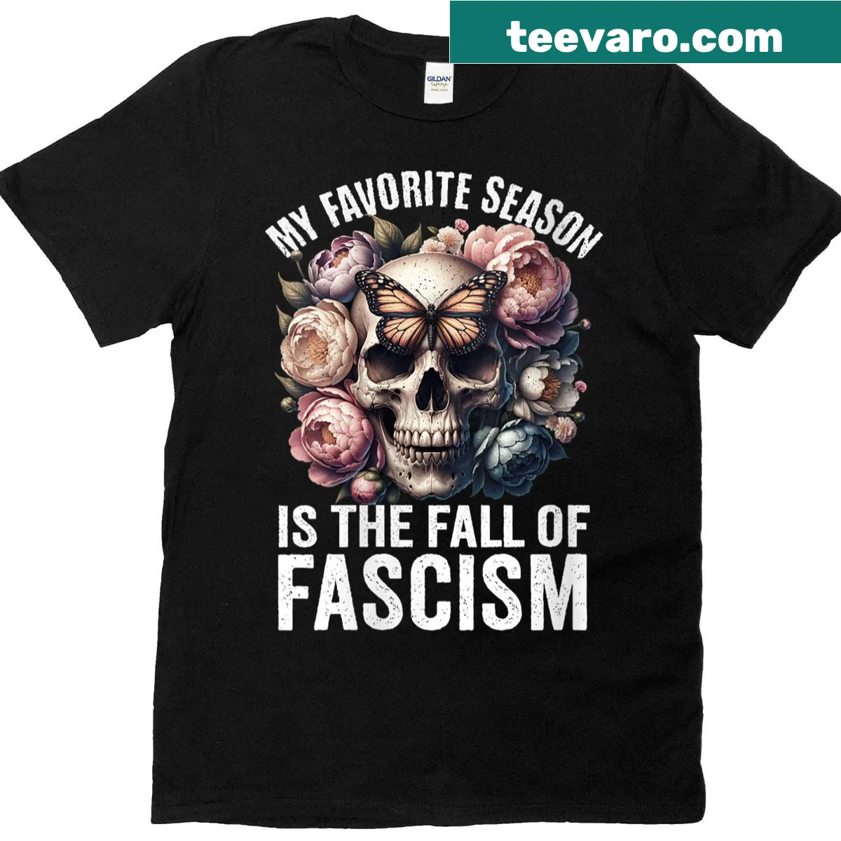 Halloween T-shirt with vintage typography saying 'My Favorite Season Is The Fall Of Fascism' — on a men's t-shirt