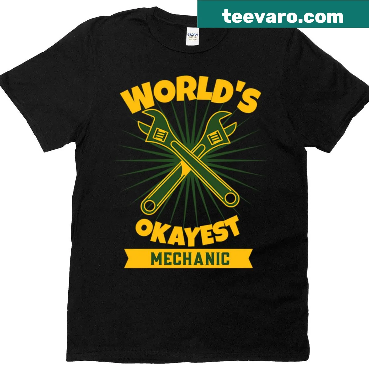 T-shirt with the phrase 'World's Okayest Mechanic' in bold text — on a men's t-shirt