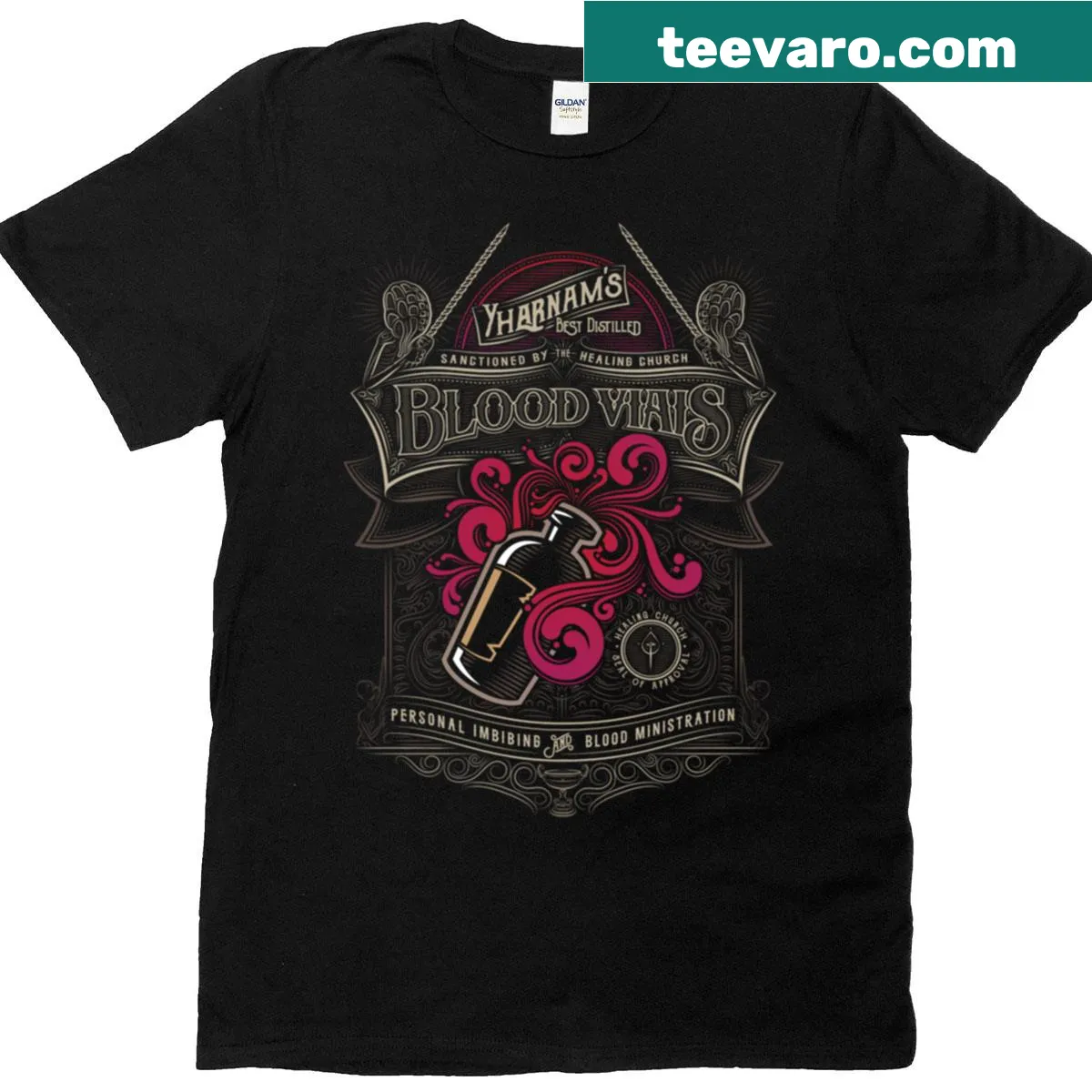Illustrated T-shirt featuring blood vials inspired by dark fantasy themes — on a men's t-shirt