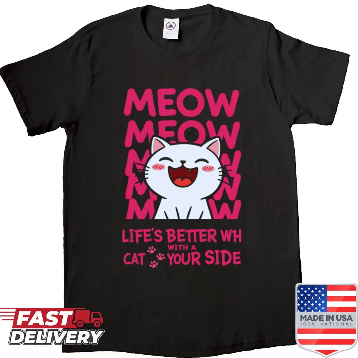Cute shirt featuring a laughing cat illustration with the phrase 'Life's Better With A Cat'