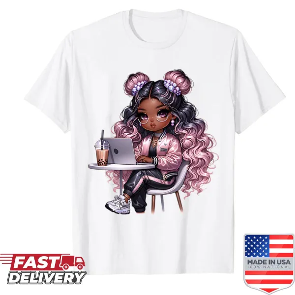Kawaii cartoon style shirt featuring an adorable brown girl in a dress.
