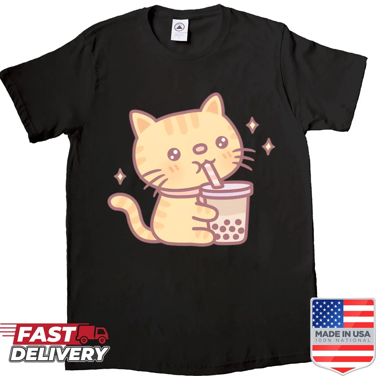 Illustration of a cute tabby cat sipping boba tea