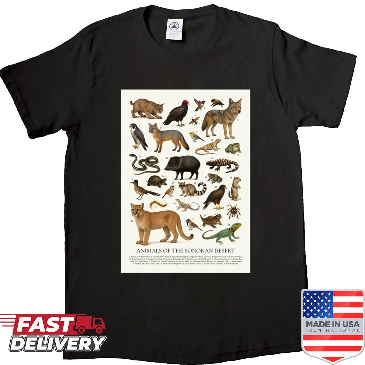 Retro illustration chart shirt featuring Sonoran Desert animals