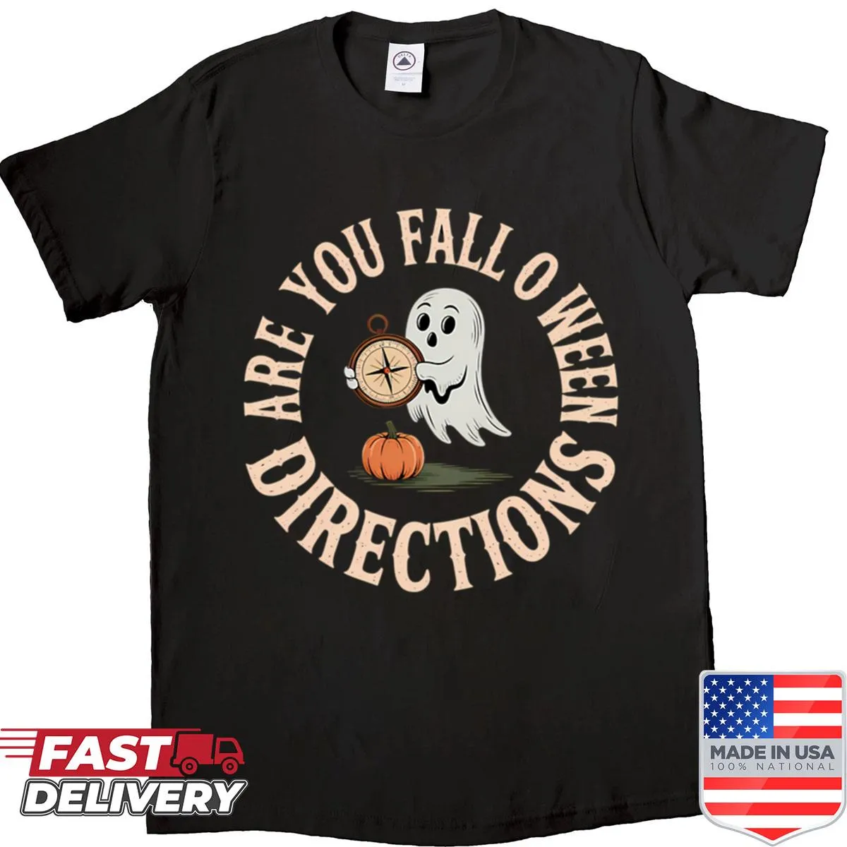 Funny Halloween pun design on a teacher's shirt with ghosts and pumpkins